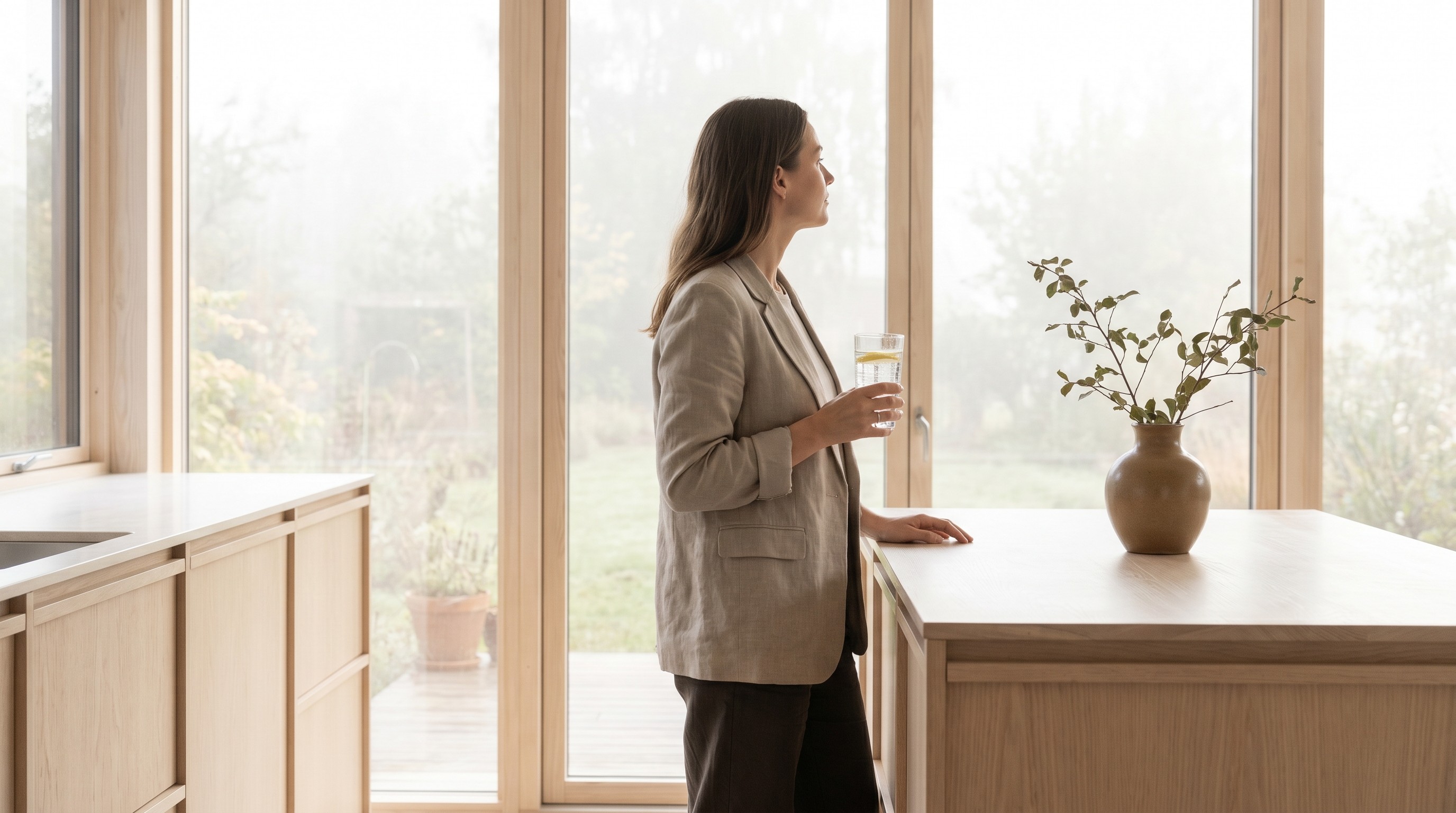 Young woman in sunlit minimalist kitchen holding sparkling water glass, looking thoughtfully toward window light