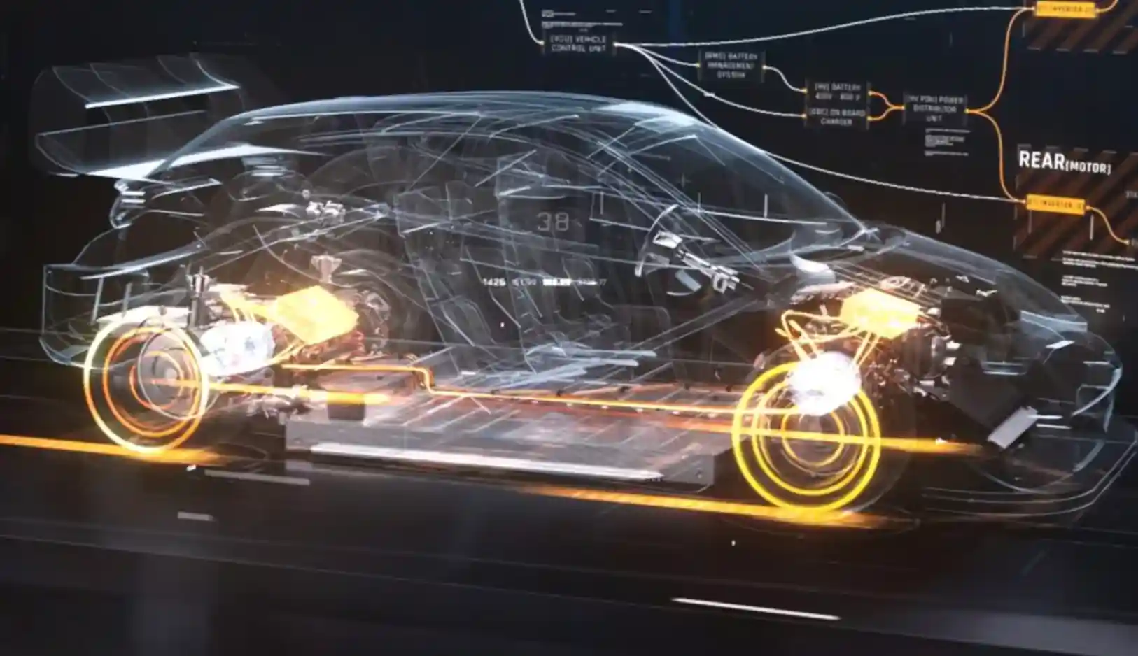 3D-animation i röntgenvy av en elbils fyrhjulsdrivlina med telemetrigrafik, gjord för B2B-försäljning