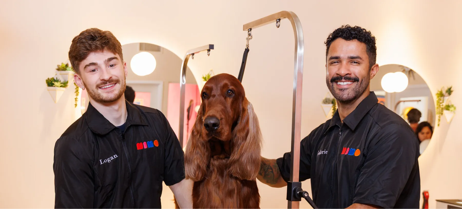 Logan Rago and Gabriel Feitosa, founders of MIMO World, smiling with an Irish Setter at their San Diego dog grooming studio