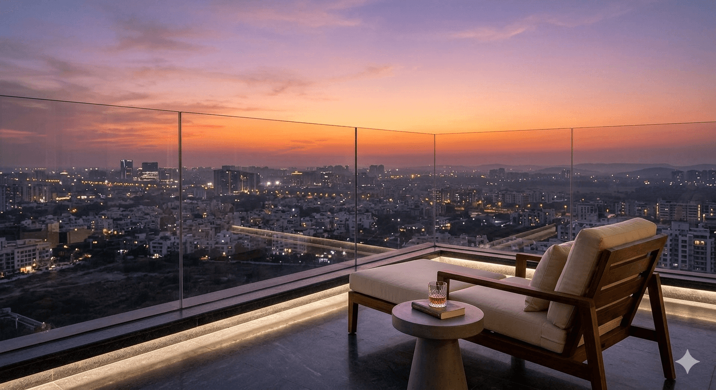Luxury rooftop observatory deck with panoramic city views at sunset in Sector 82 Gurugram