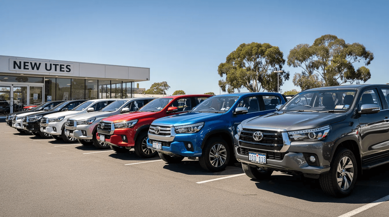A row of new utes in various vibrant colors is displayed at an Australian dealership lot, set against a clear blue sky. These utility vehicles, ideal for business purposes, highlight options for securing ute finance and catering to the needs of service businesses.