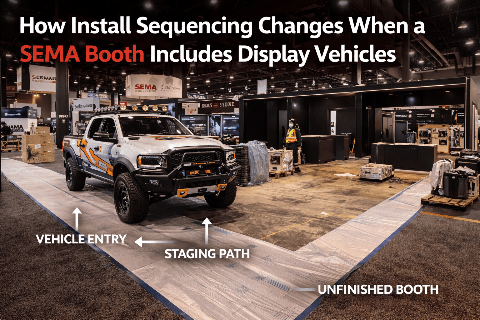 SEMA booth install in Las Vegas with a display vehicle entering an unfinished booth, protected floor path, and staging area prepared for move-in