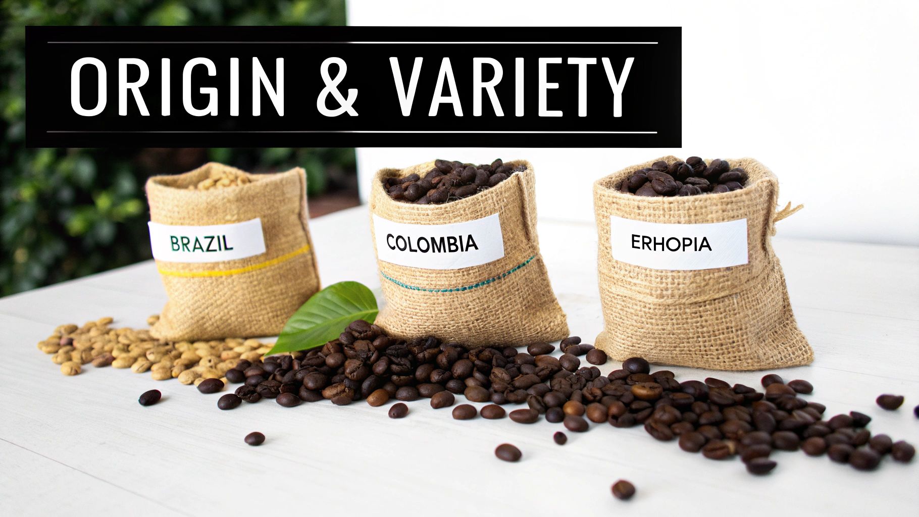 Three burlap bags labeled Brazil, Colombia, and Erhopia showcase different coffee bean origins and varieties.