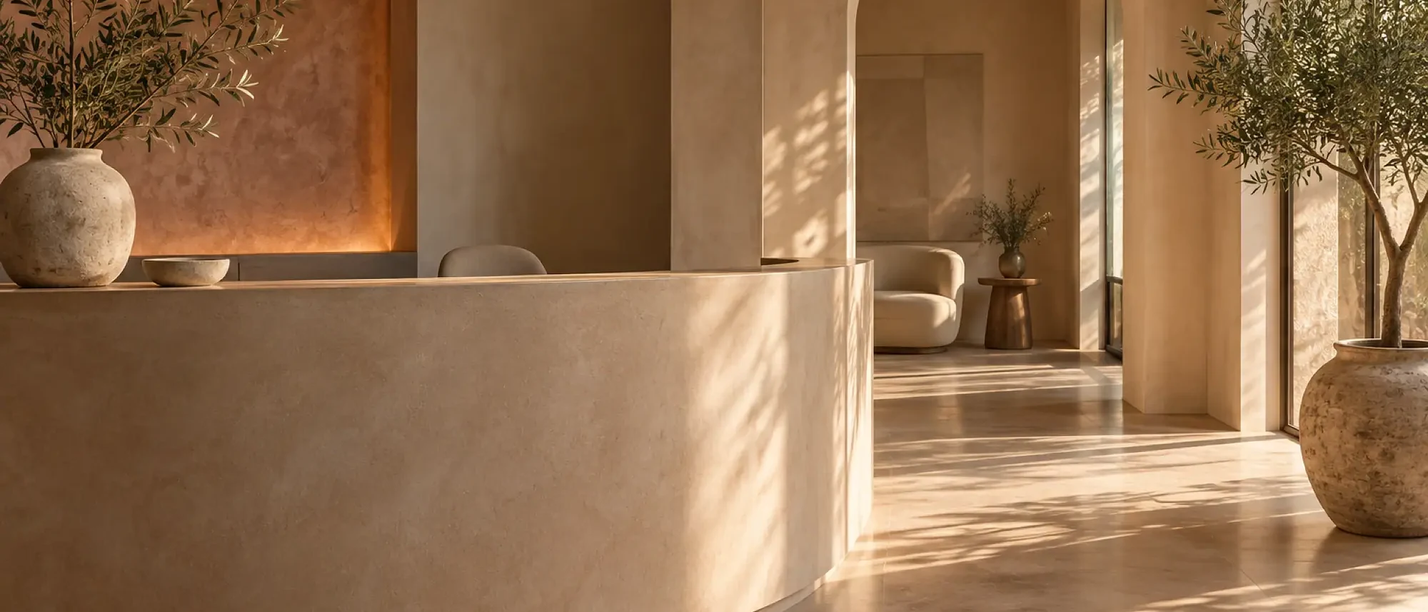 The Solenne reception with a curved plaster desk and an arched doorway
