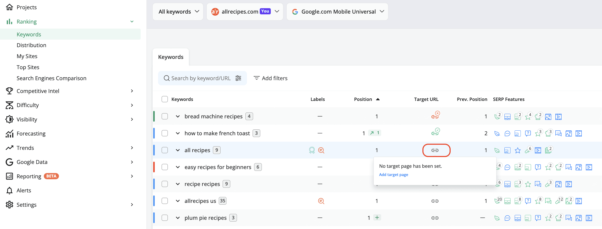 Ranking-Keywords view in Advanced Web Ranking