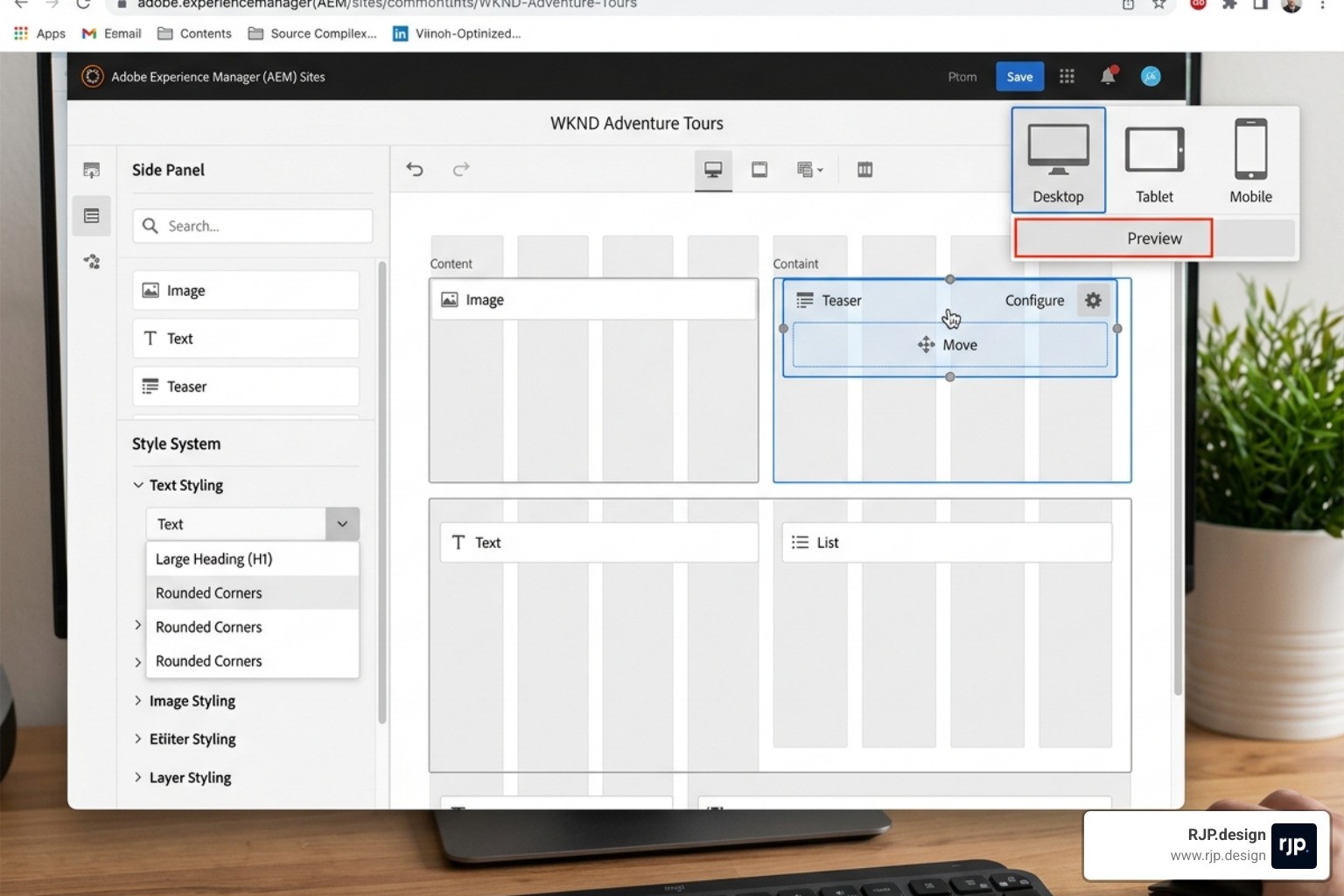 The Adobe Experience Manager Sites interface showing a responsive layout editor - adobe responsive web design