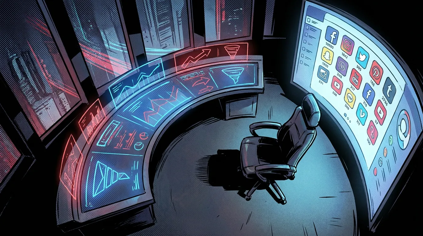 Futuristic digital marketing desk by RockN' Socials, a leading digital agency.