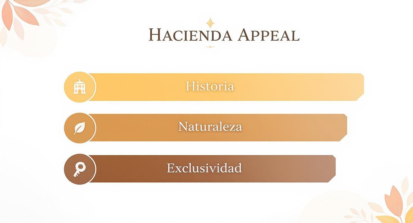 Infografía que muestra el atractivo de las haciendas para bodas, destacando Historia, Naturaleza y Exclusividad.