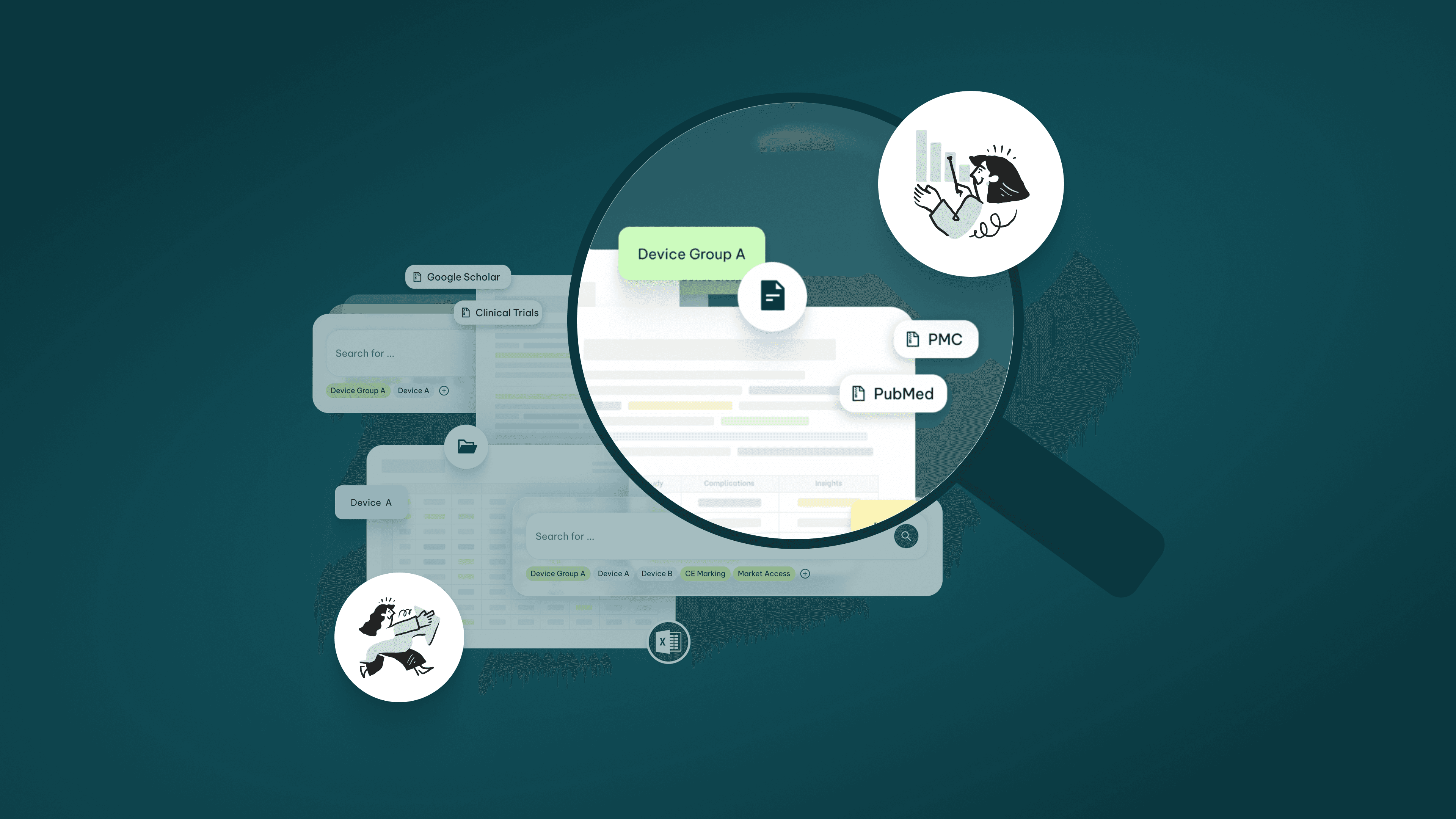 Auditor examining regulatory data with a magnifying glass, representing verification and transparency in MedTech compliance.