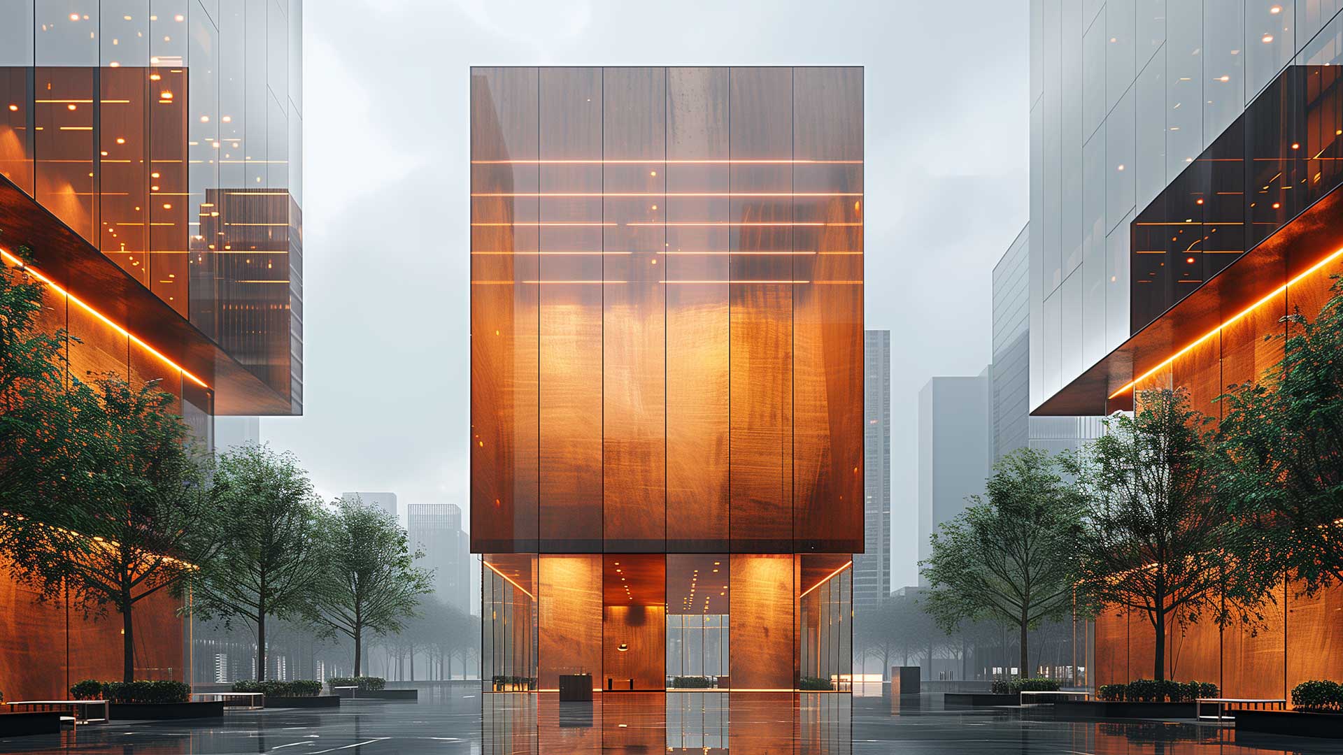 Modern glass buildings with illuminated facades and trees on a rainy day