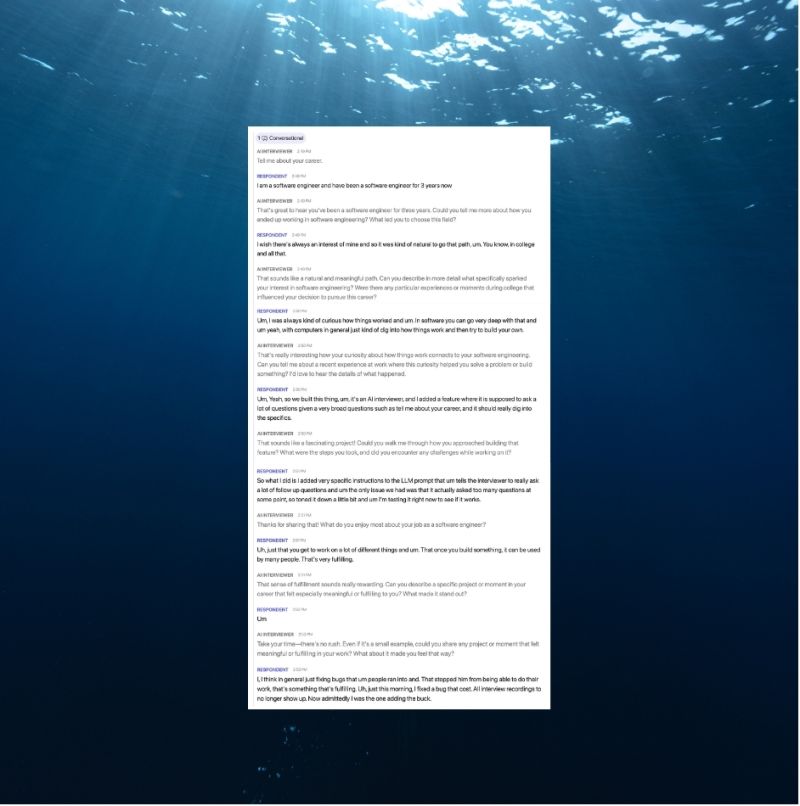 Transcript of an AI-moderated interview showing the depth of probing and participant responses