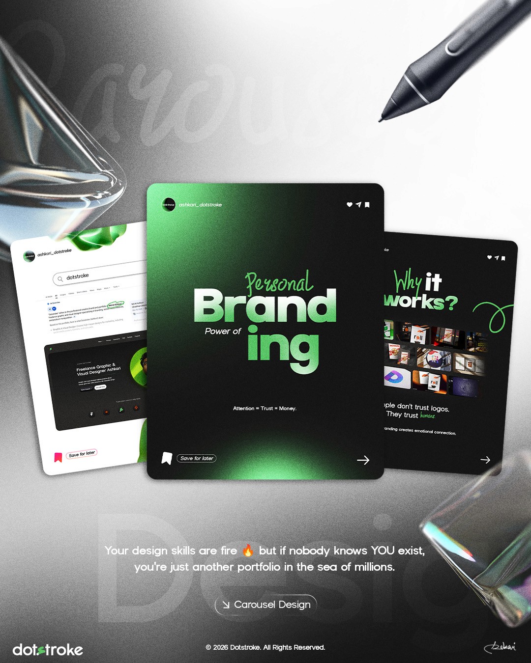 Personal branding graphic design carousel cover by dotstroke featuring bold green typography stating 'Personal Brand' with 'Power of ing' highlighted on dark gradient background, designed by Al Ashkari