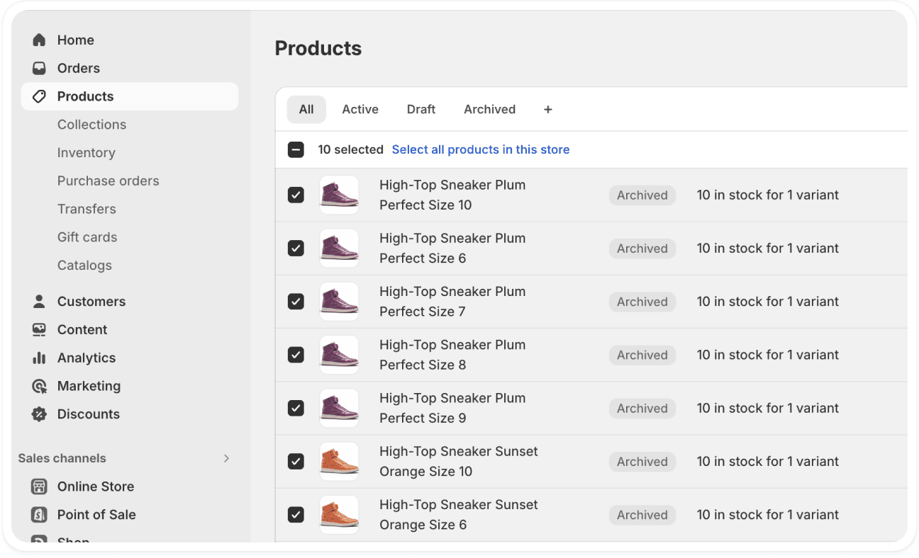 Select products to be merged in shopify admin