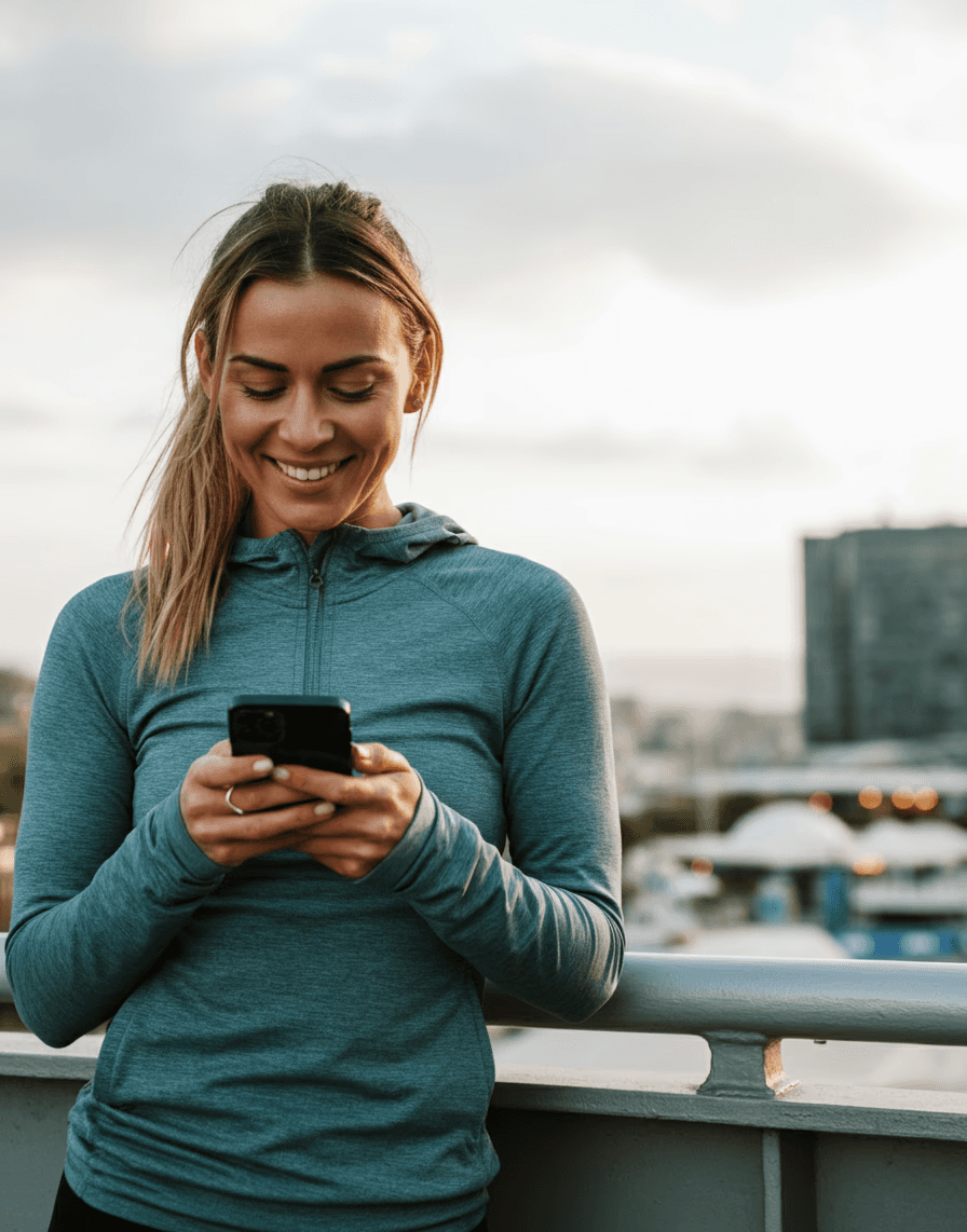 female looking down at phone in city setting dressed in fitness outfit 