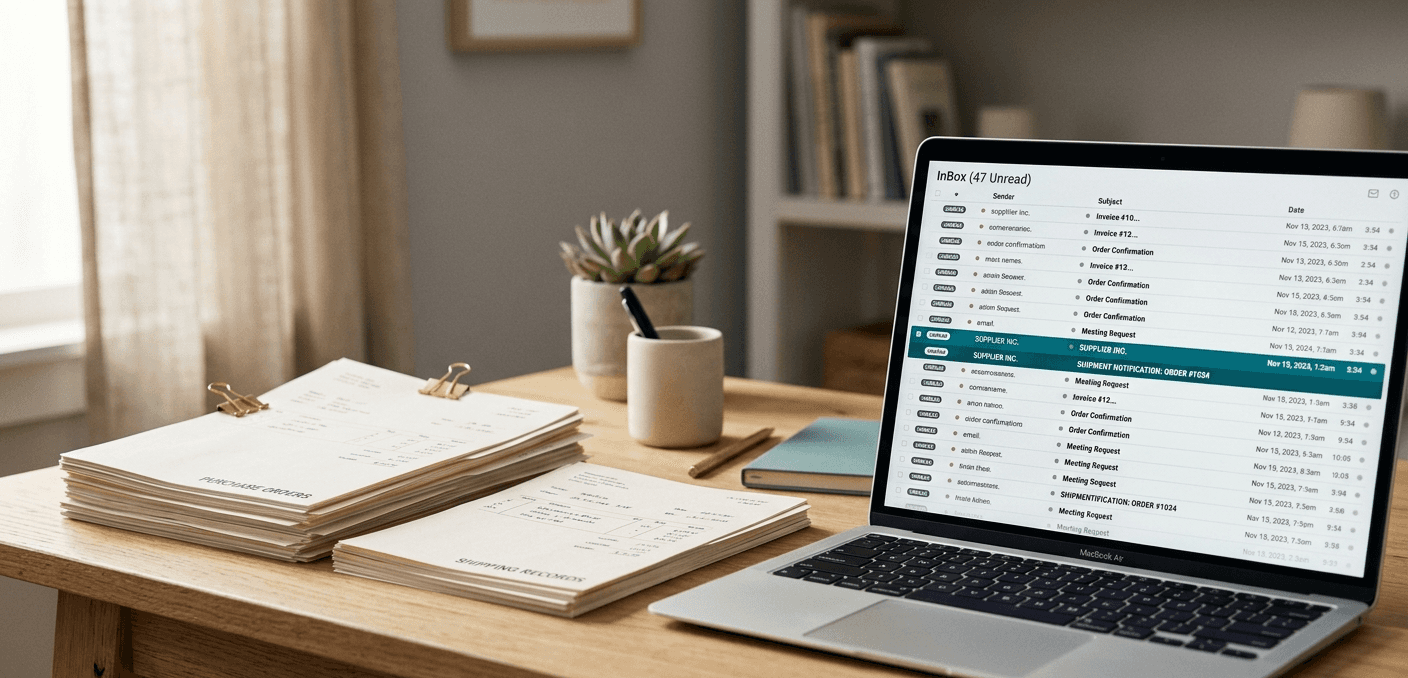 Clean desk with stacks of purchase order forms and a laptop showing an inbox full of unread supplier emails