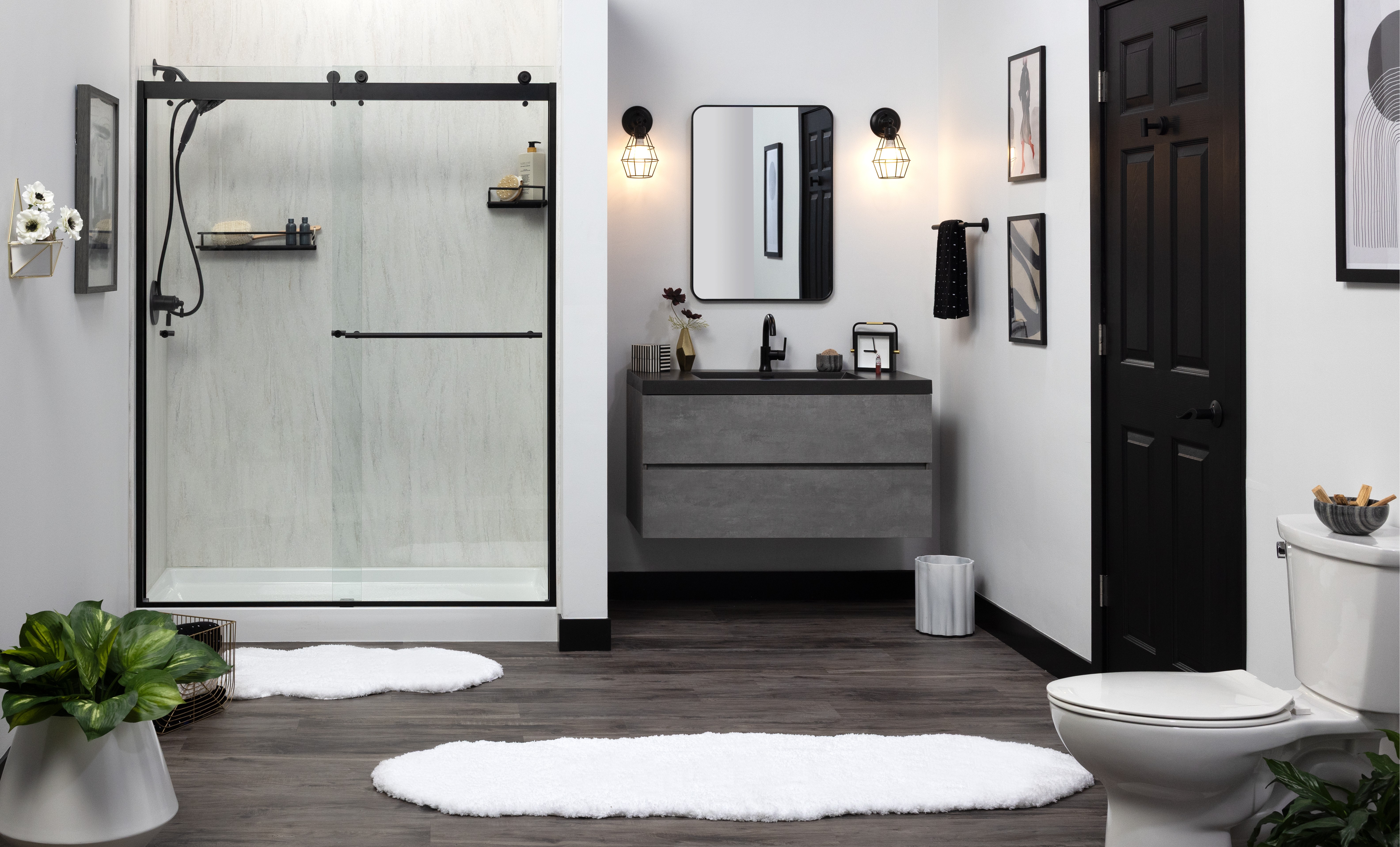 Modern walk-in shower remodeling project with black fixtures