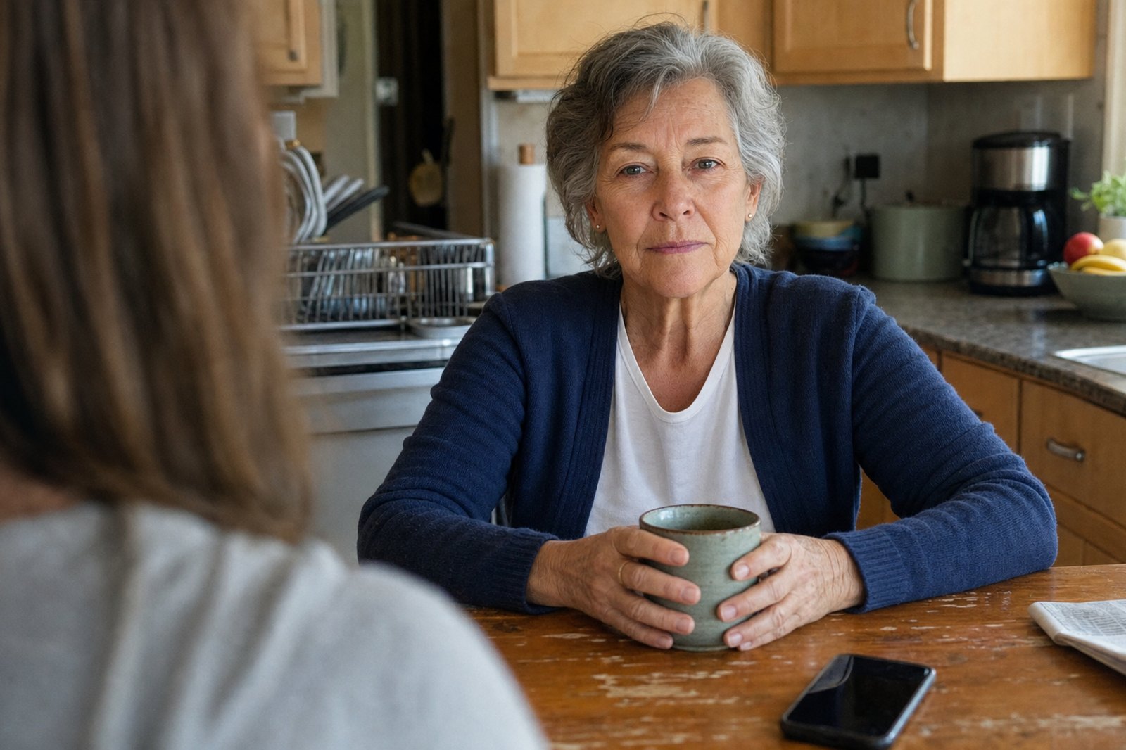 A woman in her late sixties at her kitchen table in morning light holding a mug in both hands and looking across the table at her daughter, whose shoulder is out of focus in the near foreground.
