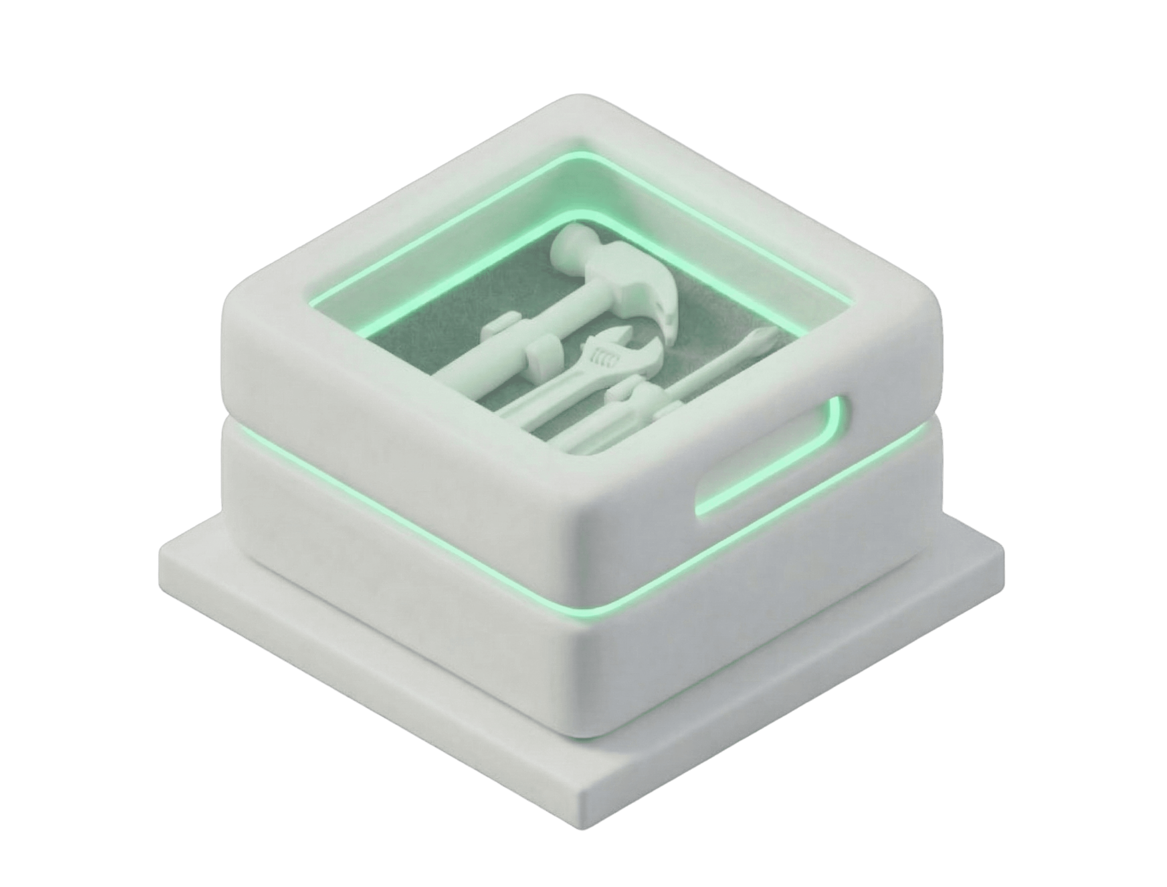 3D rendered white square toolbox icon with glowing green accents, containing a hammer, wrench, and screwdriver, representing technical support and digital configuration tools.