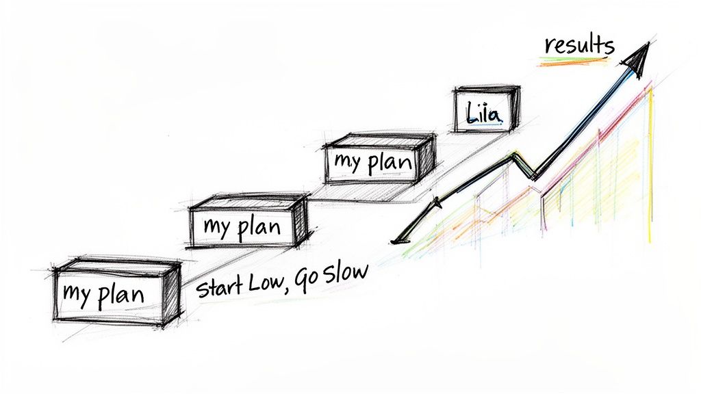 A hand-drawn sketch showing a step-by-step progression labeled my plan leading to results with the advice start low, go slow.