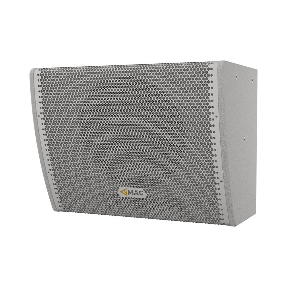 Gray loudspeaker with a hexagonal grille and MAG logo