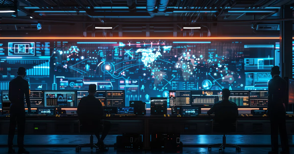 Security analysts monitoring a wall of global network dashboards.