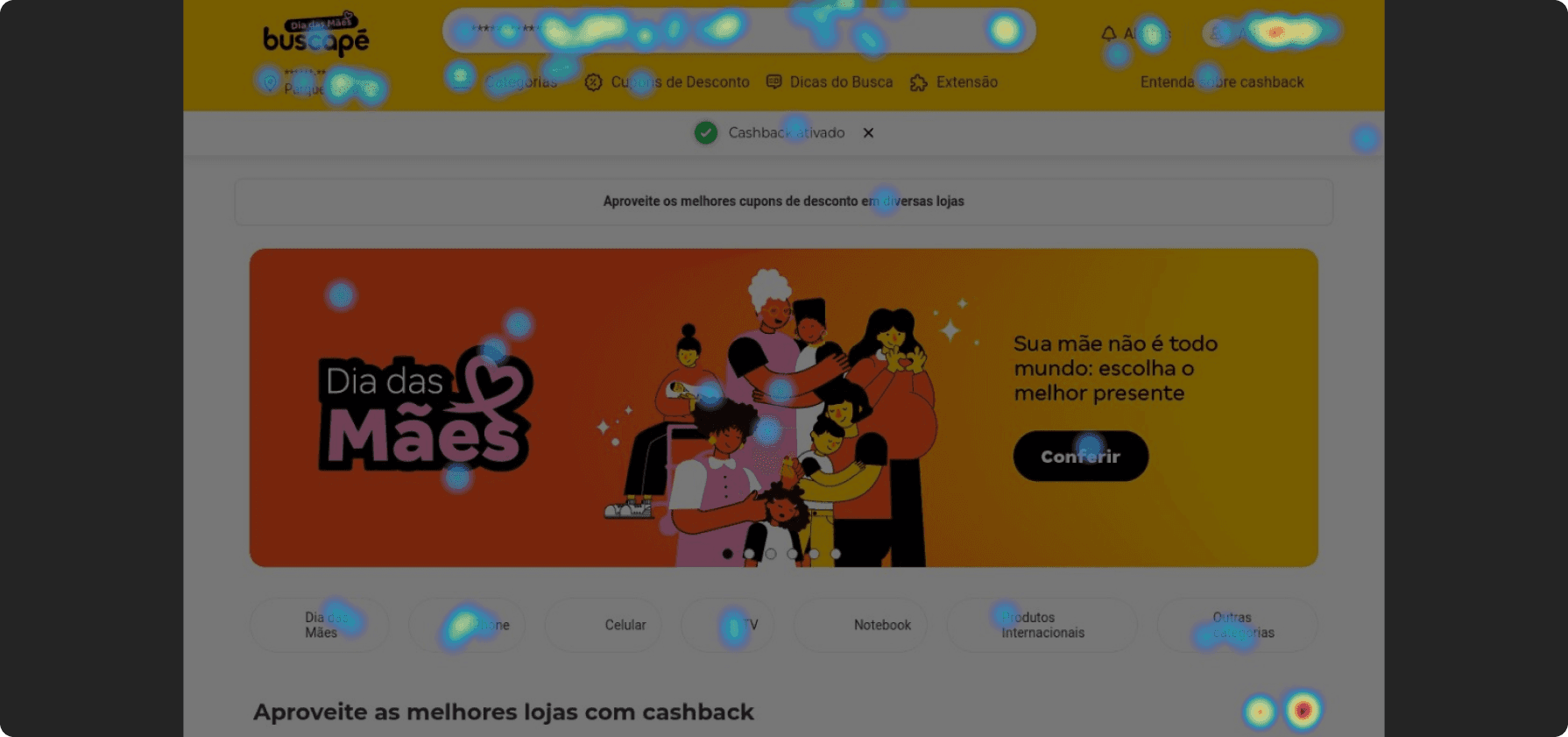 Mapa de cliques da antiga página inicial do Buscapé, evidenciando o alto interesse dos usuários pelo benefício do cashback. As áreas mais quentes indicam que os usuários foram atraídos principalmente pela palavra 'cashback'