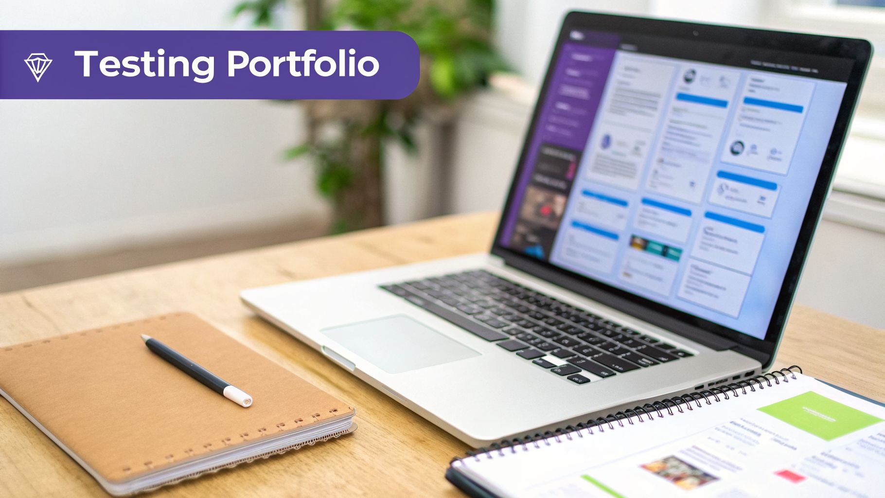 A laptop on a wooden desk displaying a 'Testing Portfolio' banner, with notebooks and a pen.