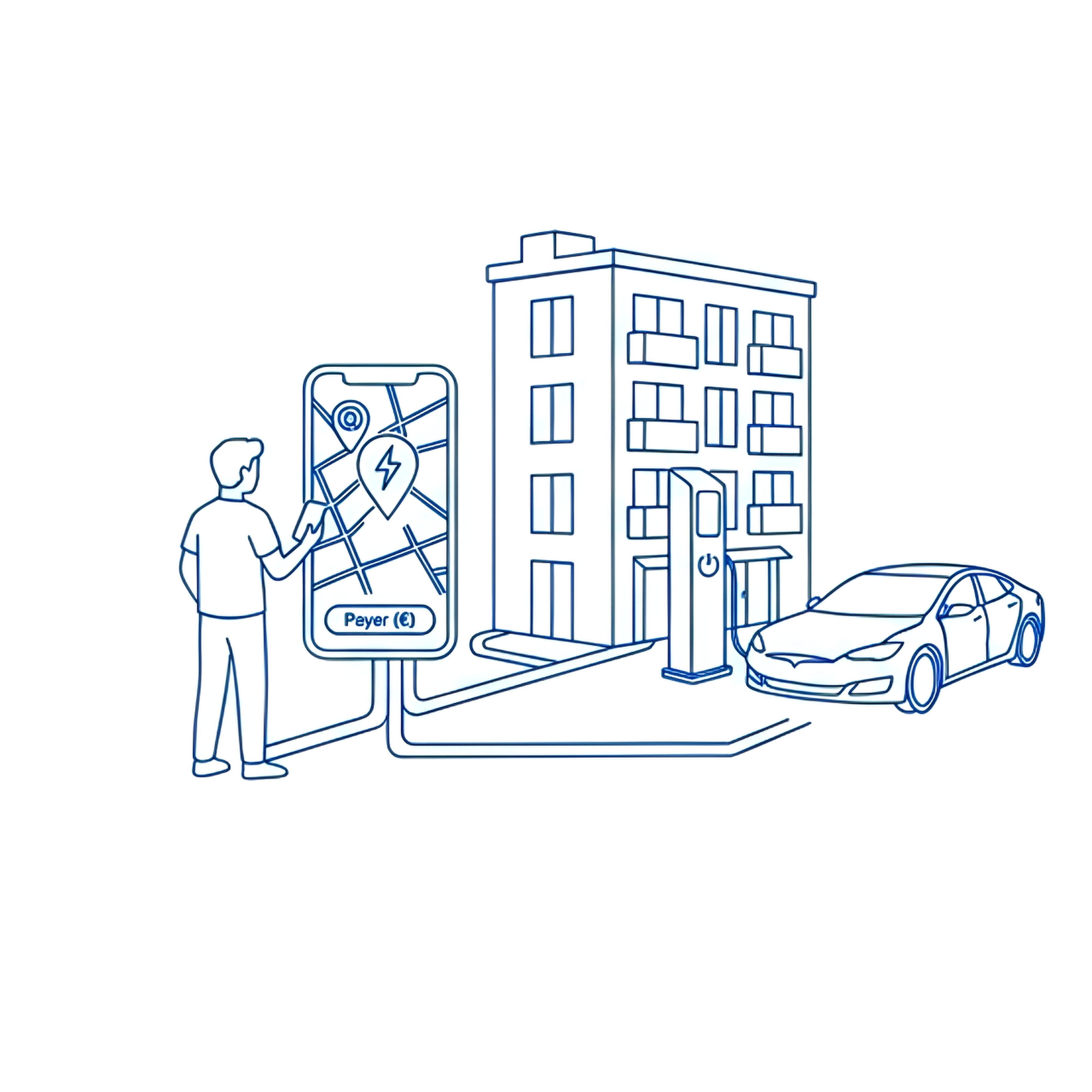 Illustration dessin trait noir sur fond blanc mobilité électrique avec app