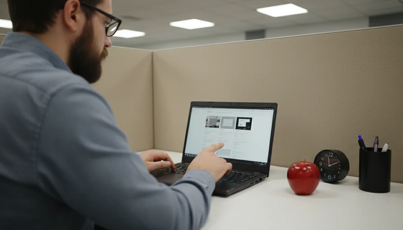 DSLR photography, over-the-shoulder shot of a professional man with a beard and glasses in an office cubicle, using a black Lenovo ThinkPad style Chromebook. His right index finger touches the laptop's screen while his left hand rests on the keyboard. The laptop is on a clean white desk, and the screen displays a web page with placeholder images and abstracted text. On the desk, there is a shiny red apple, a small black clock, and a pen holder. The scene is captured with soft office lighting, creating a shallow depth of field with the cubicle wall slightly blurred in the background.