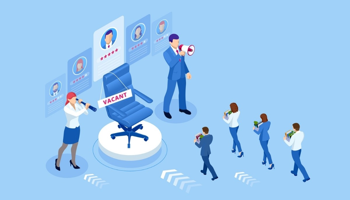 Illustration of a vacant office chair surrounded by recruiters with megaphones and candidate profiles.
