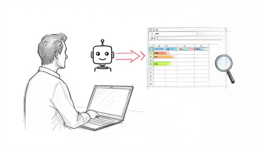 A person uses a laptop, a robot extracts data from a spreadsheet, and a magnifying glass inspects it.