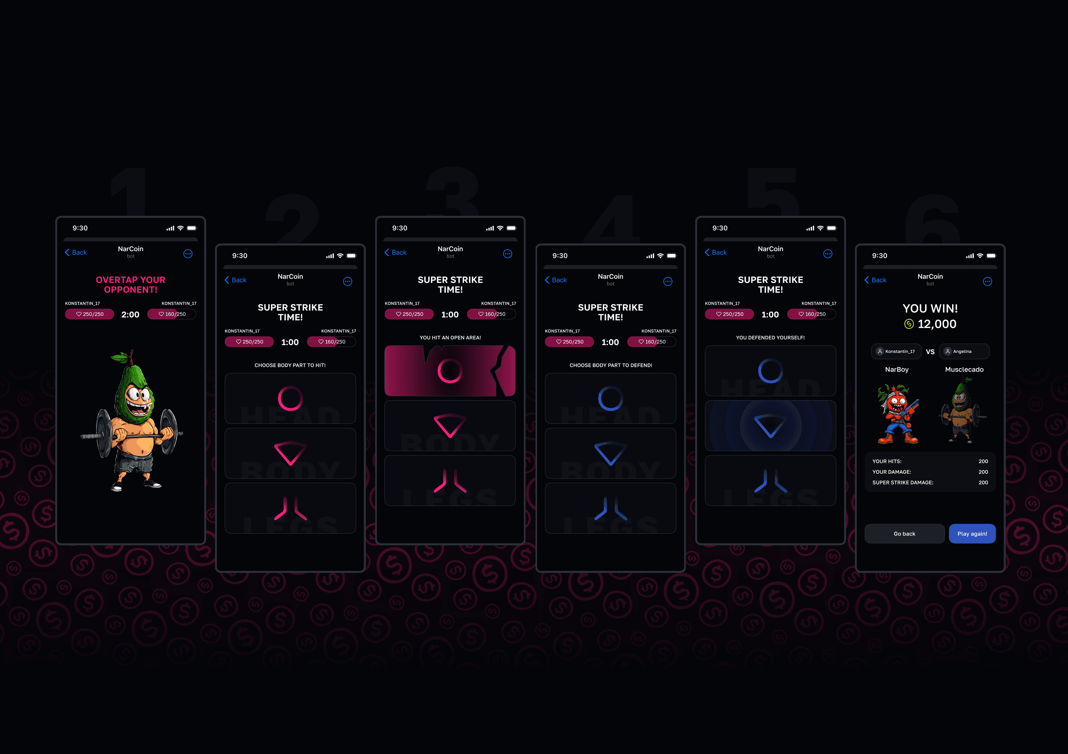 Gameplay sequence from NarCoin mobile app illustrating fight interface and user actions during battle.