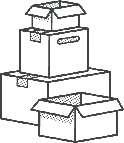 Stack of open and closed moving boxes with handles.