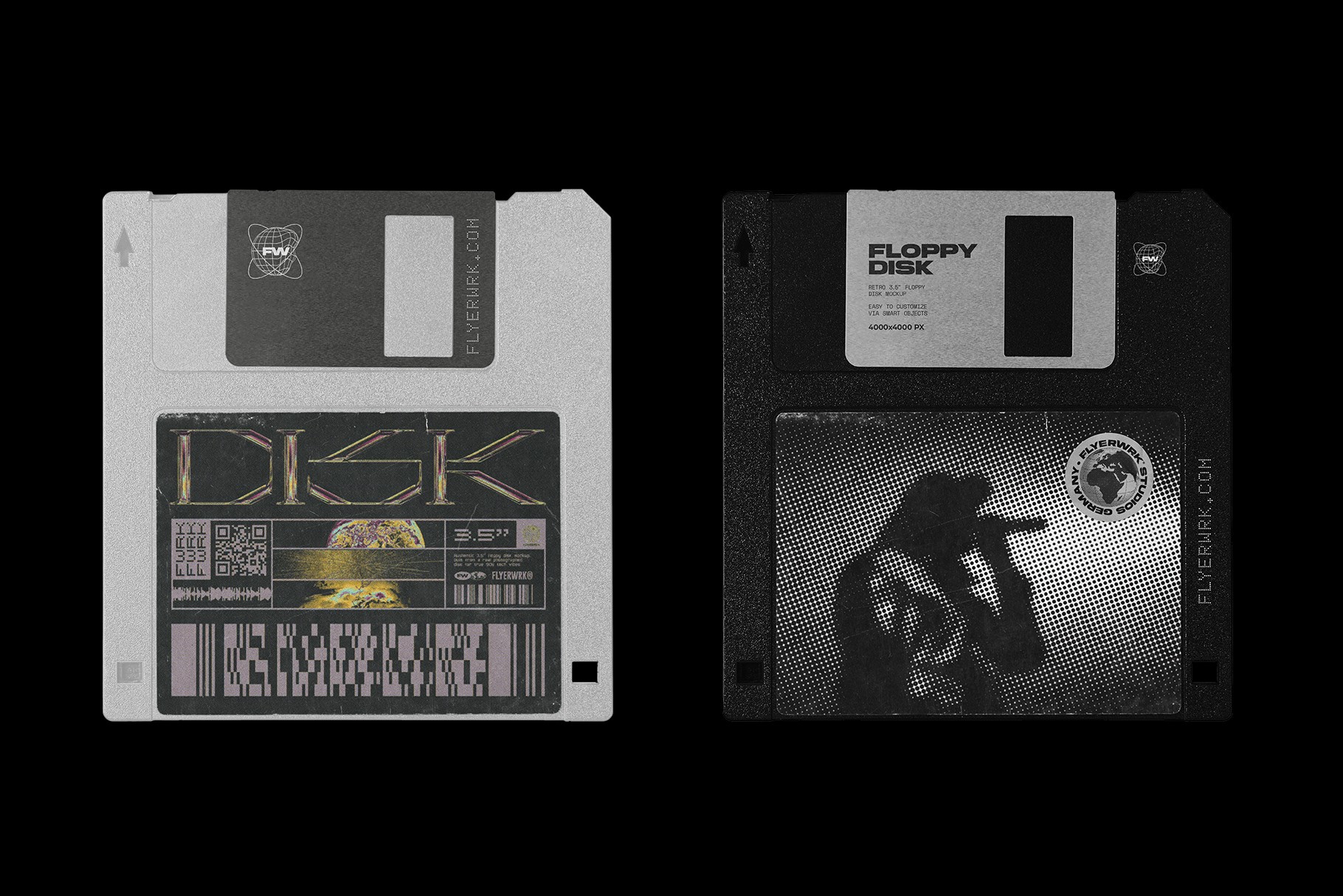 Vintage Floppy Disk 3.5 Inch Mockup showcasing high-contrast halftone artwork on a classic black disk