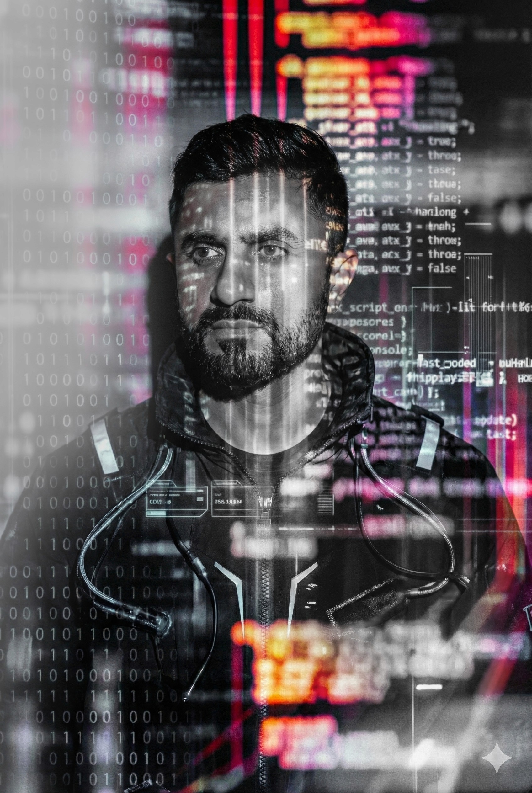 Portrait of a woman with digital abstract effects and color overlays