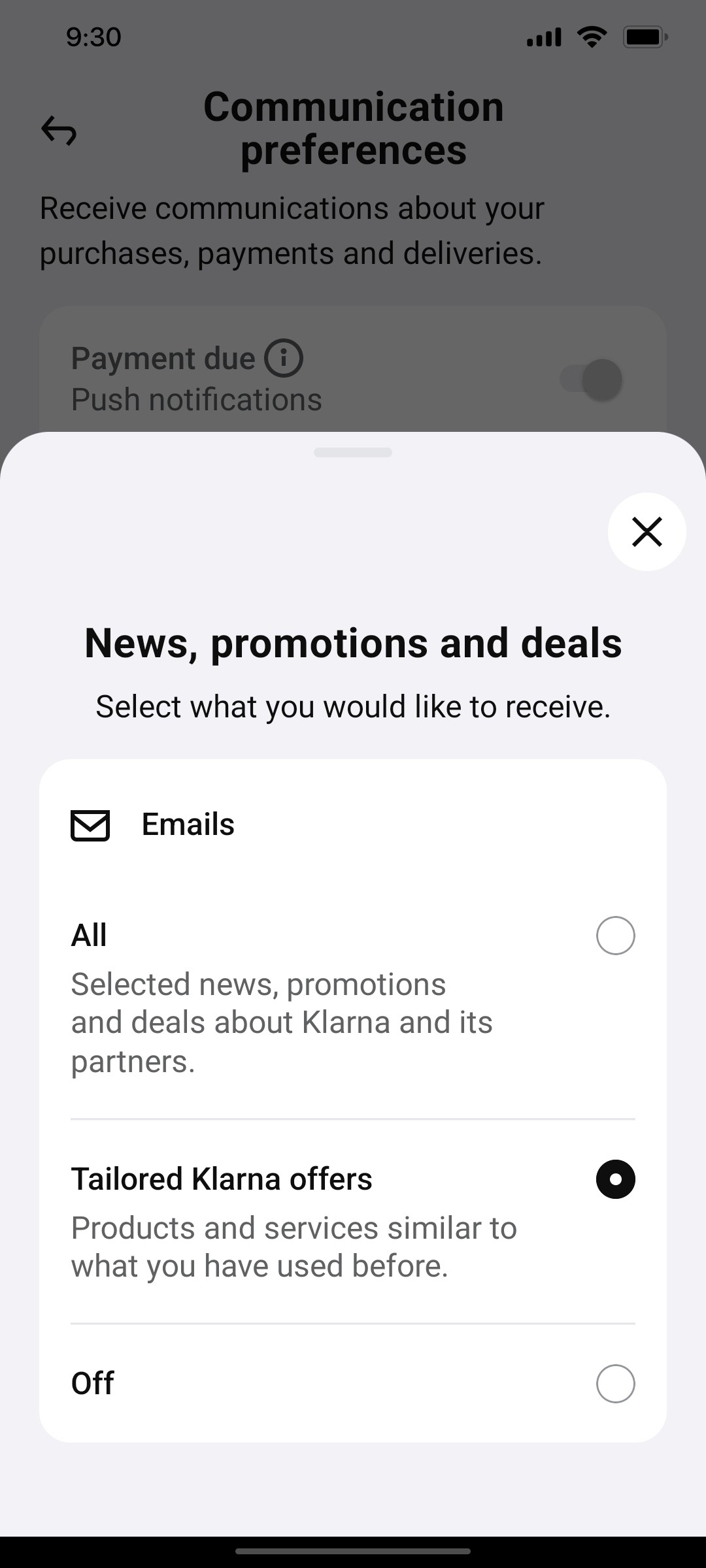 Klarna Communication Preferences Page Screen