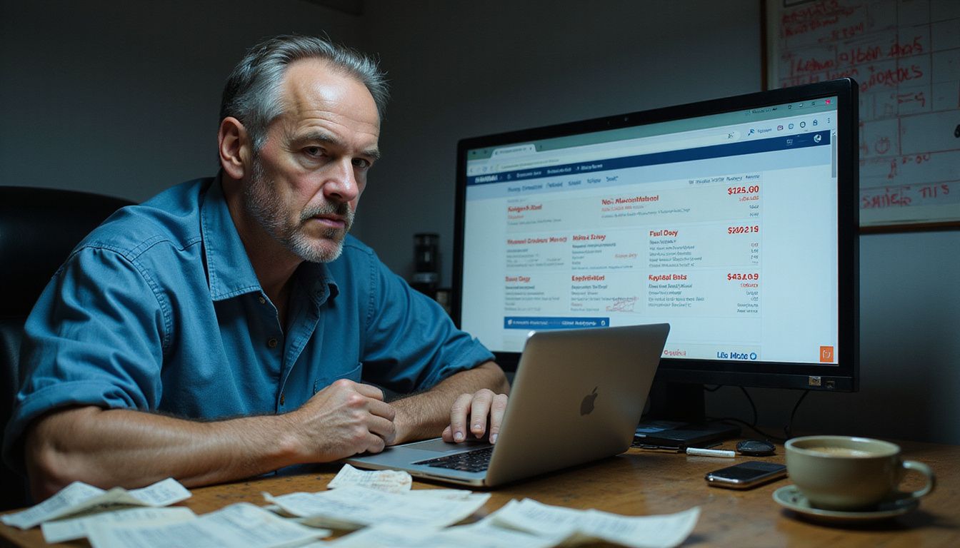 A frustrated man researches flight prices at a cluttered desk.