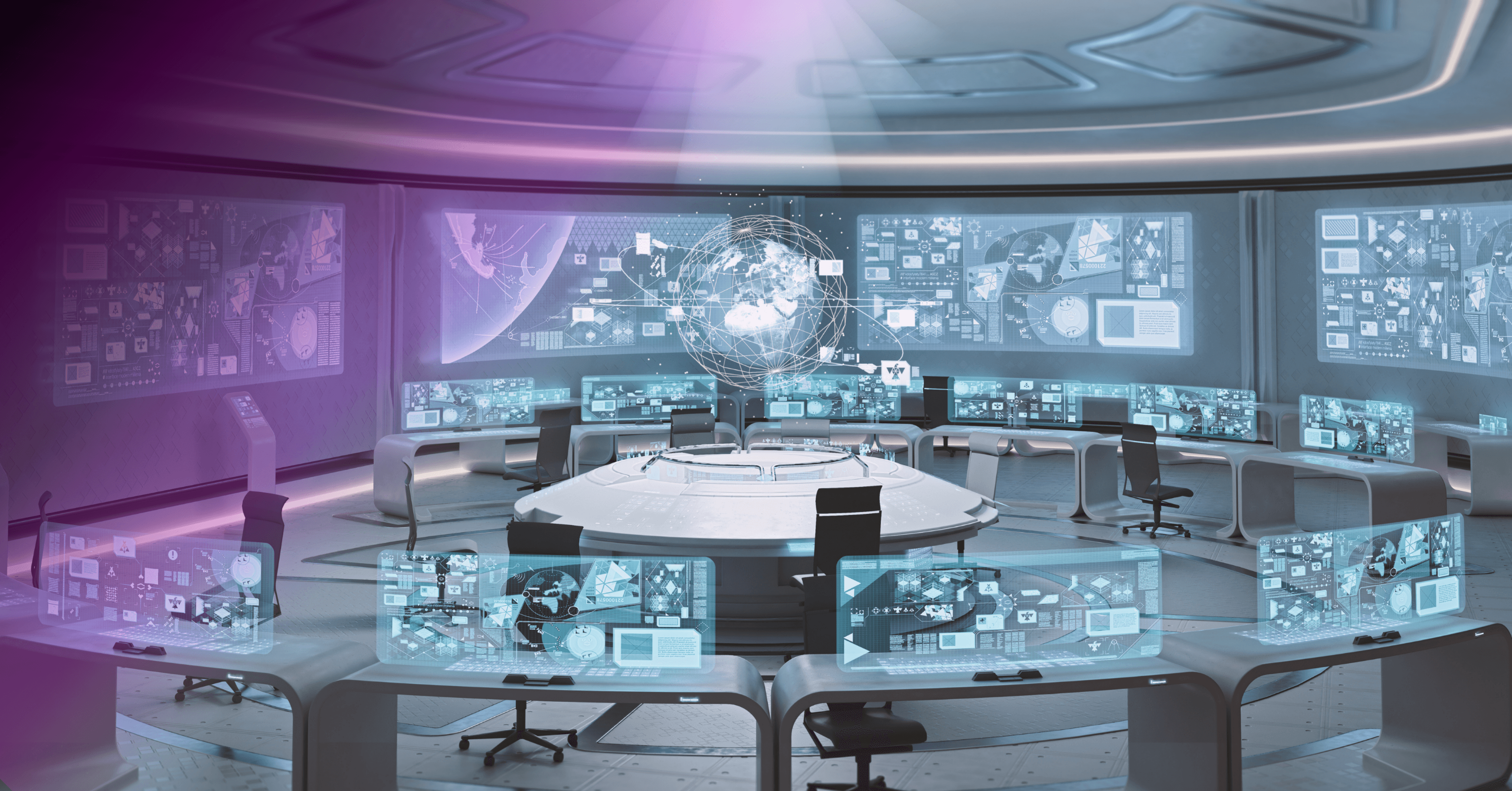 Command center with digital data screens and holographic globe.