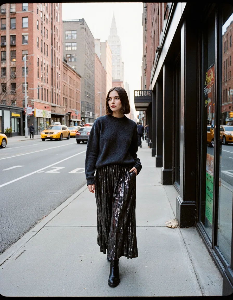 Street style photography featuring a navy sweater paired with metallic pleated skirt against classic New York City architecture