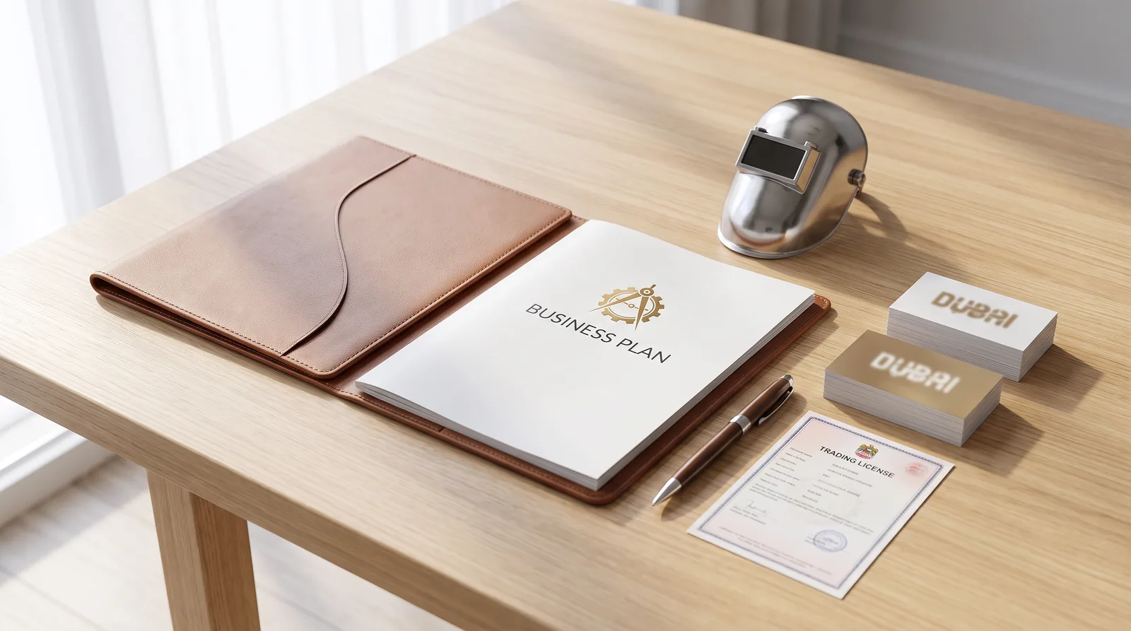 Welding Equipment Trading License in Dubai beside a Dubai trade license document and a modern office desk