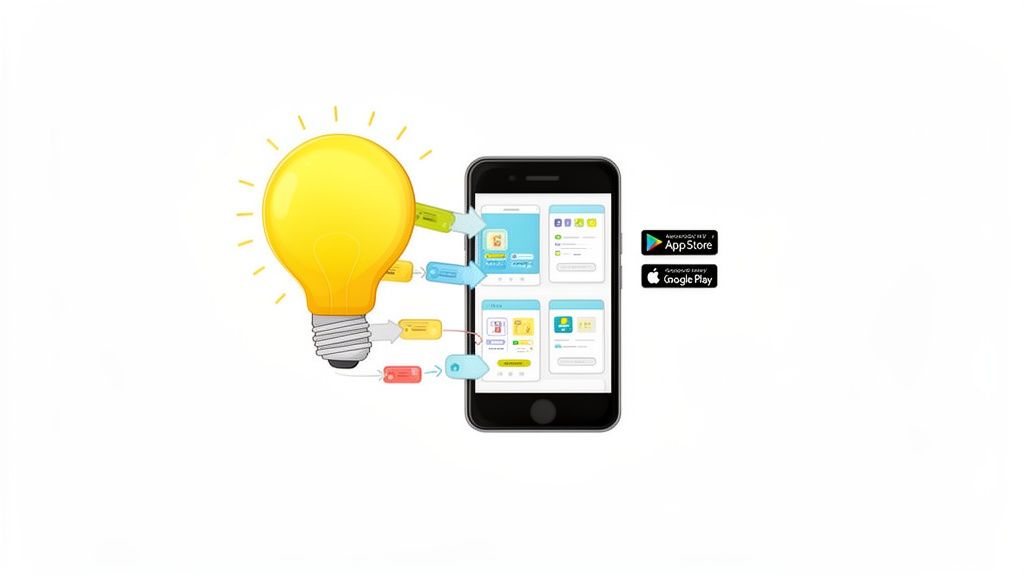 A light bulb symbolizing an idea connecting to a smartphone displaying multiple app screens, with App Store and Google Play logos.