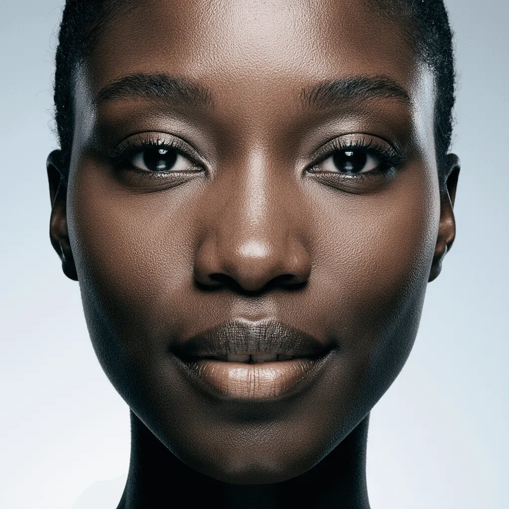 Un portrait en gros plan d'une femme noire avec une peau lisse et radieuse, regardant directement l'objectif avec une expression douce et naturelle.