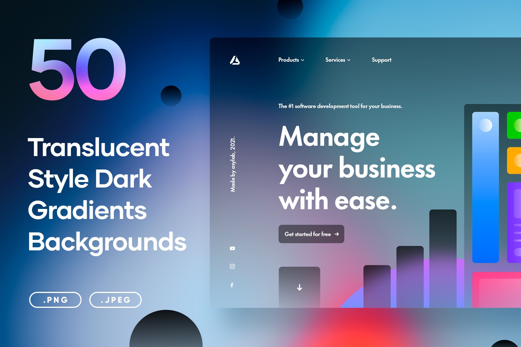 50 Translucent Style Dark Gradients featuring a modern UI with a glass effect.