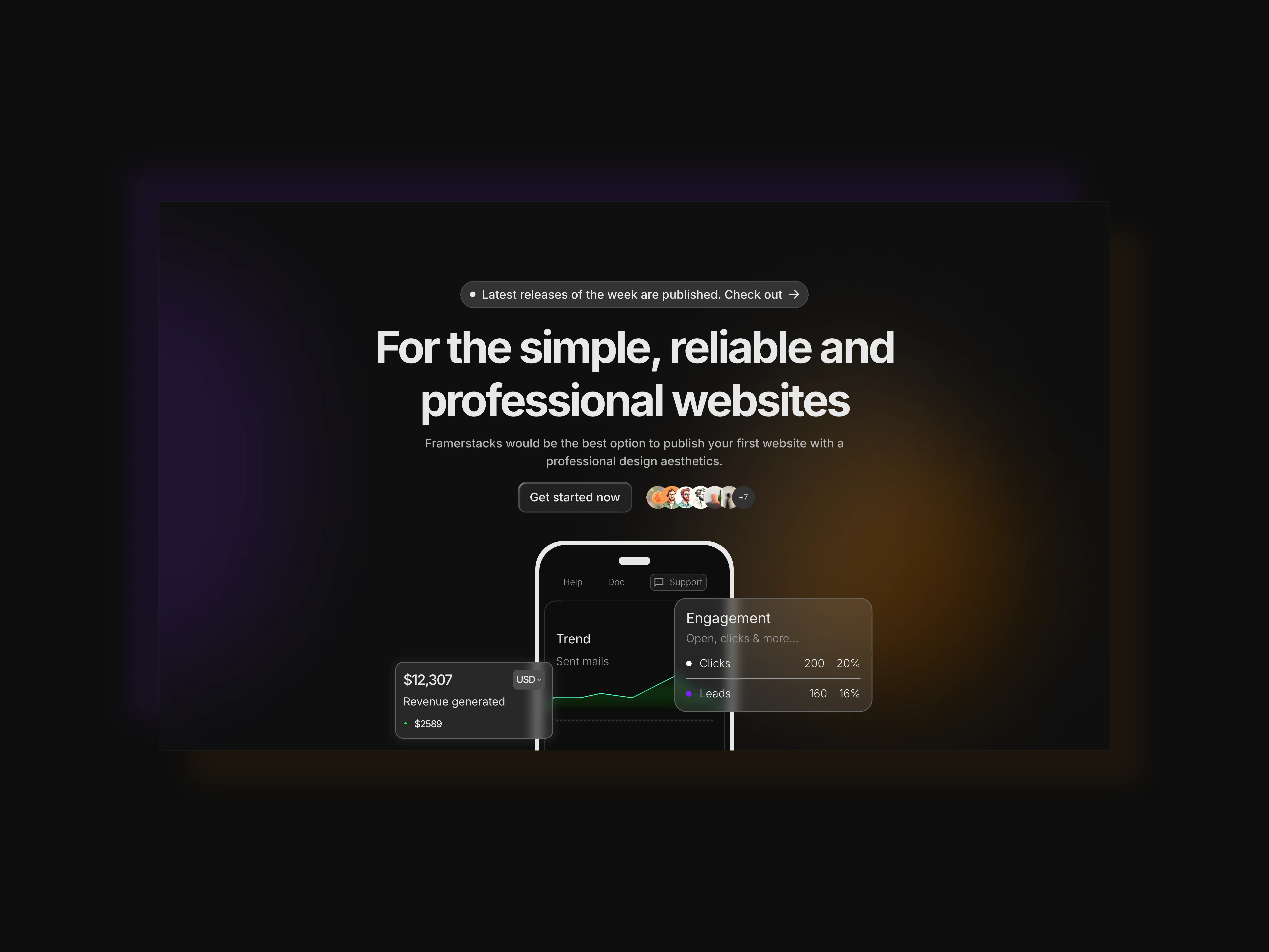 A dark themed hero section with blurred BG effect and iphone mockup for desktop devices