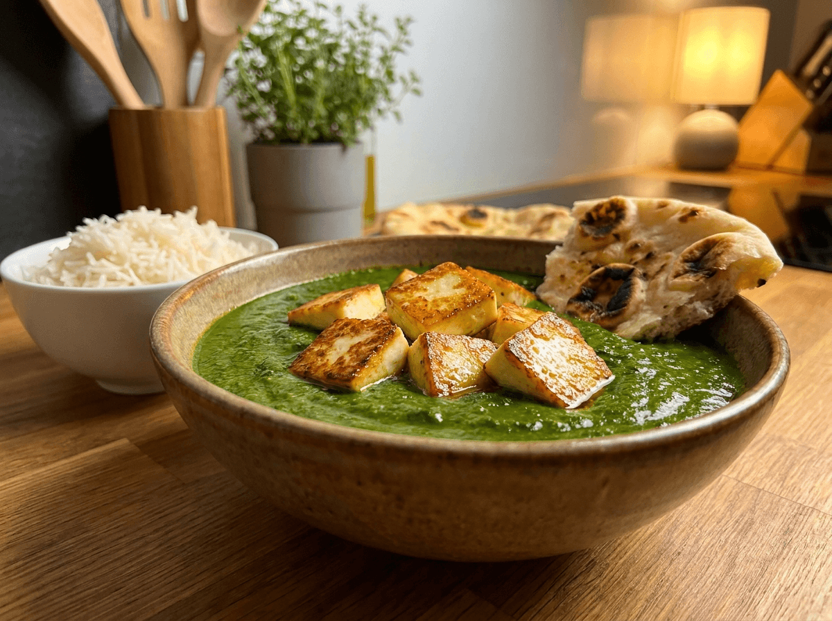 Close-up bowl of palak paneer with golden paneer cubes and bright green spinach sauce