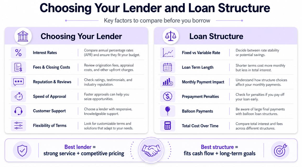 An infographic outlining key factors for choosing a mortgage lender and selecting an appropriate loan structure.