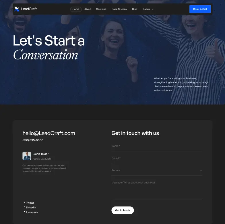 Website contact page with LeadCraft logo, call to action, contact form, and social media links.