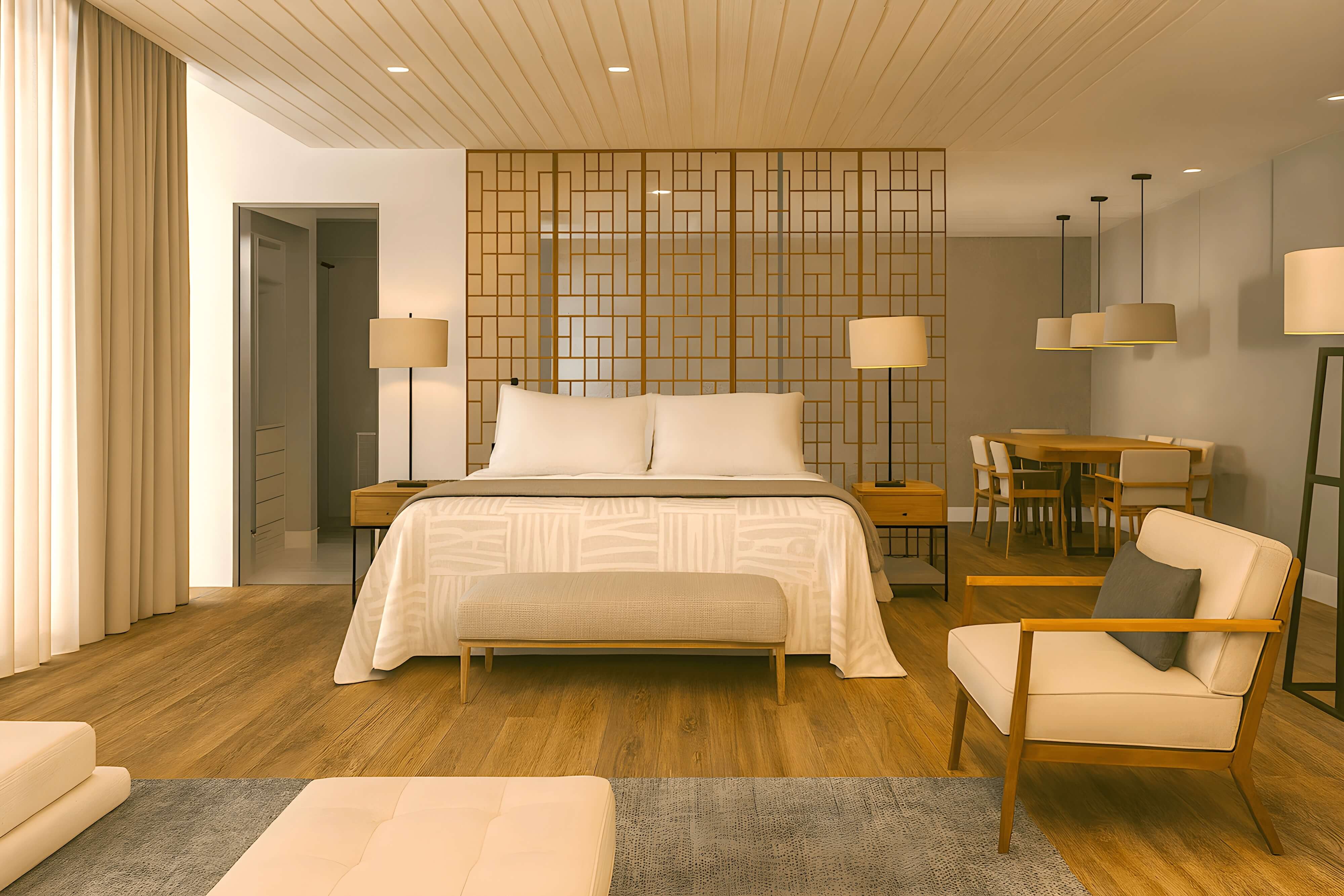Modern bedroom with light wood floors, neutral furnishings, geometric accent wall, and open-plan layout connecting to dining area, styled to create a serene and balanced atmosphere.