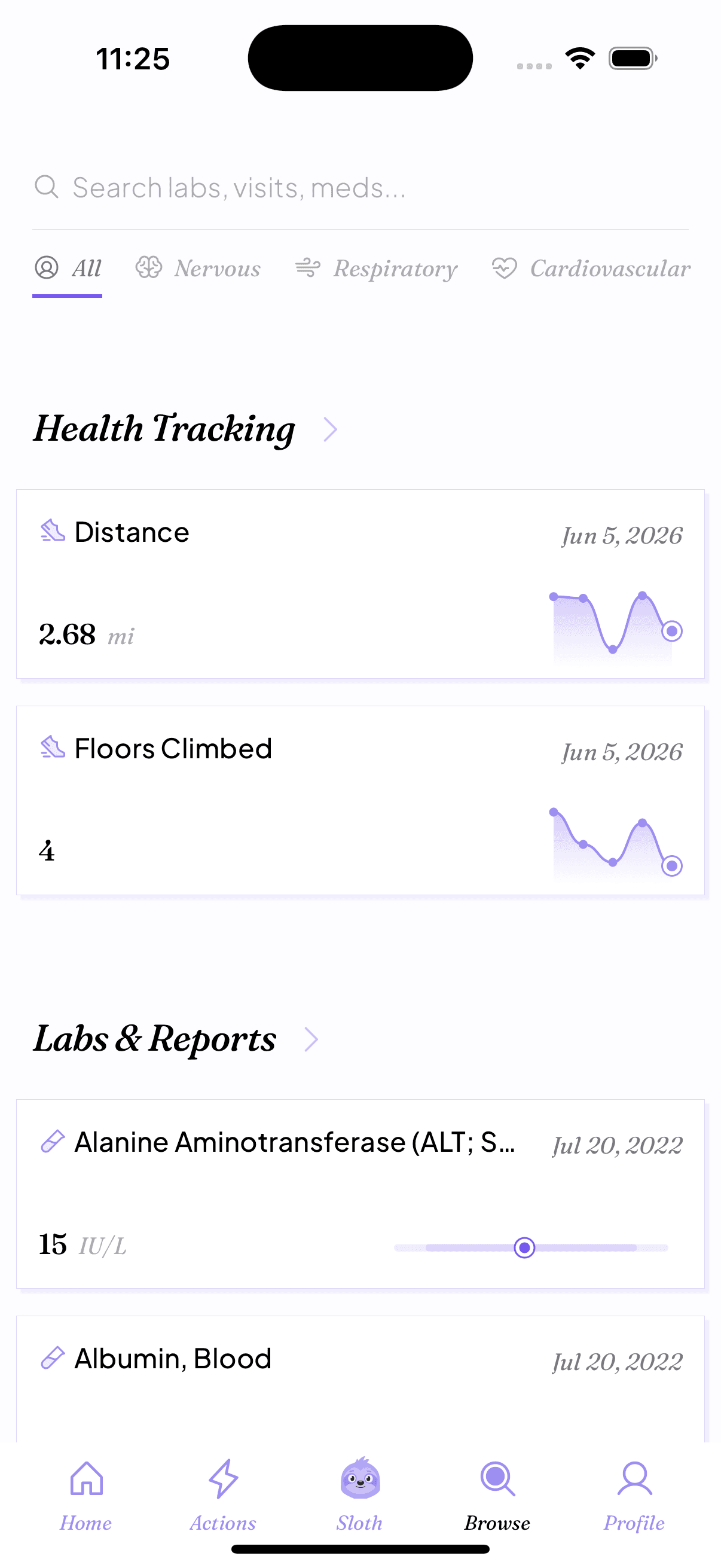 Slothwise health app dashboard with daily summary, insights, and reminders sections in light mode