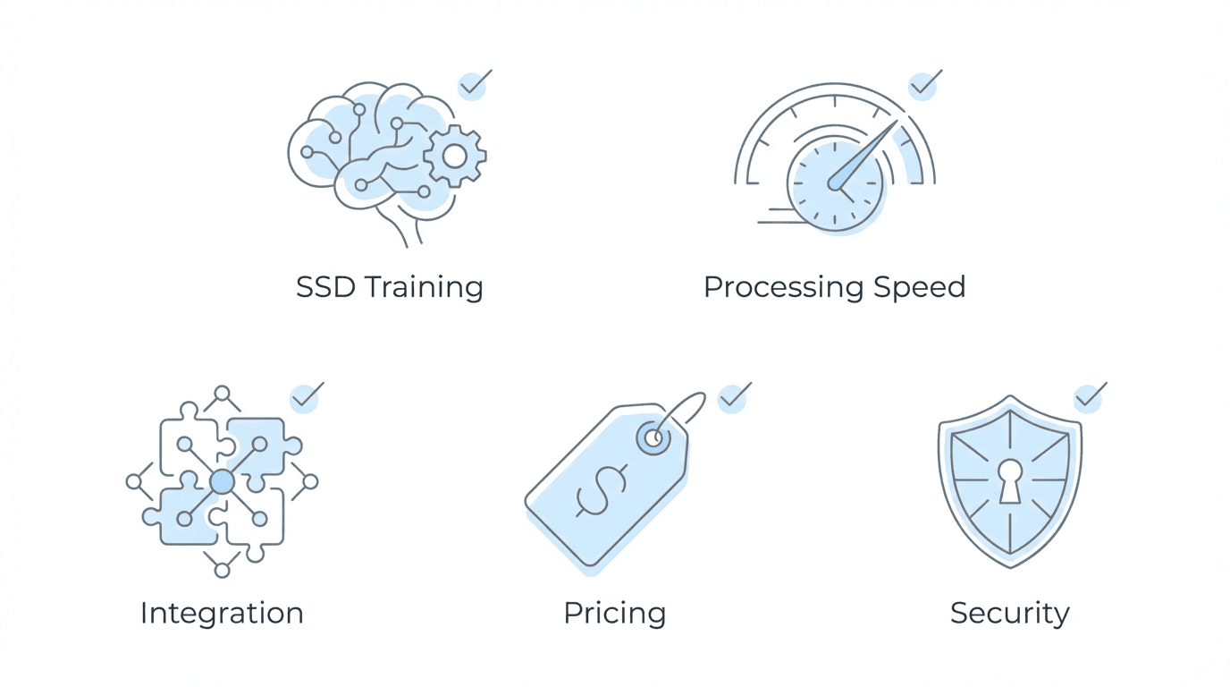 Evaluation criteria for AI medical record software: SSD Training, Processing Speed, Integration, Pricing, Security